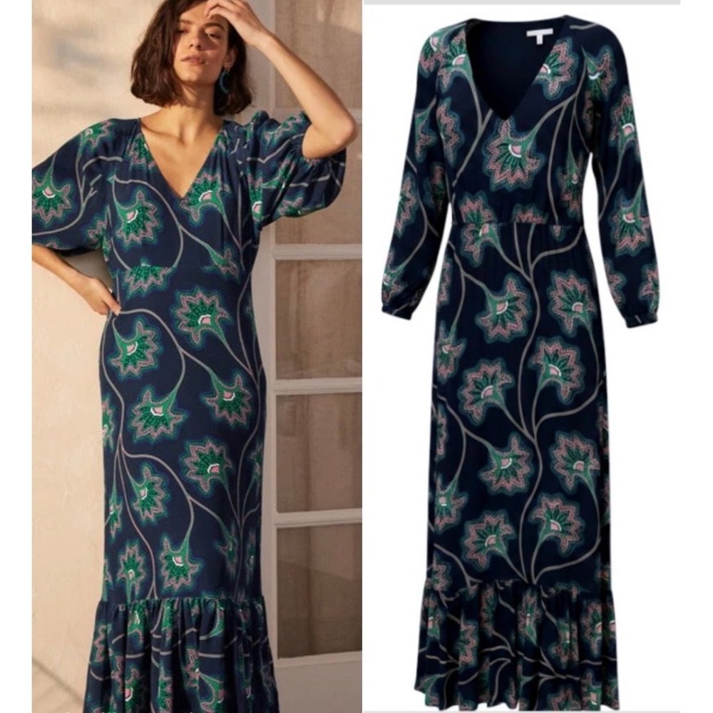 Boden Size 20/22 Claire Navy Blue Floral V-Neck Crepe Maxi Dress Wedding Guest